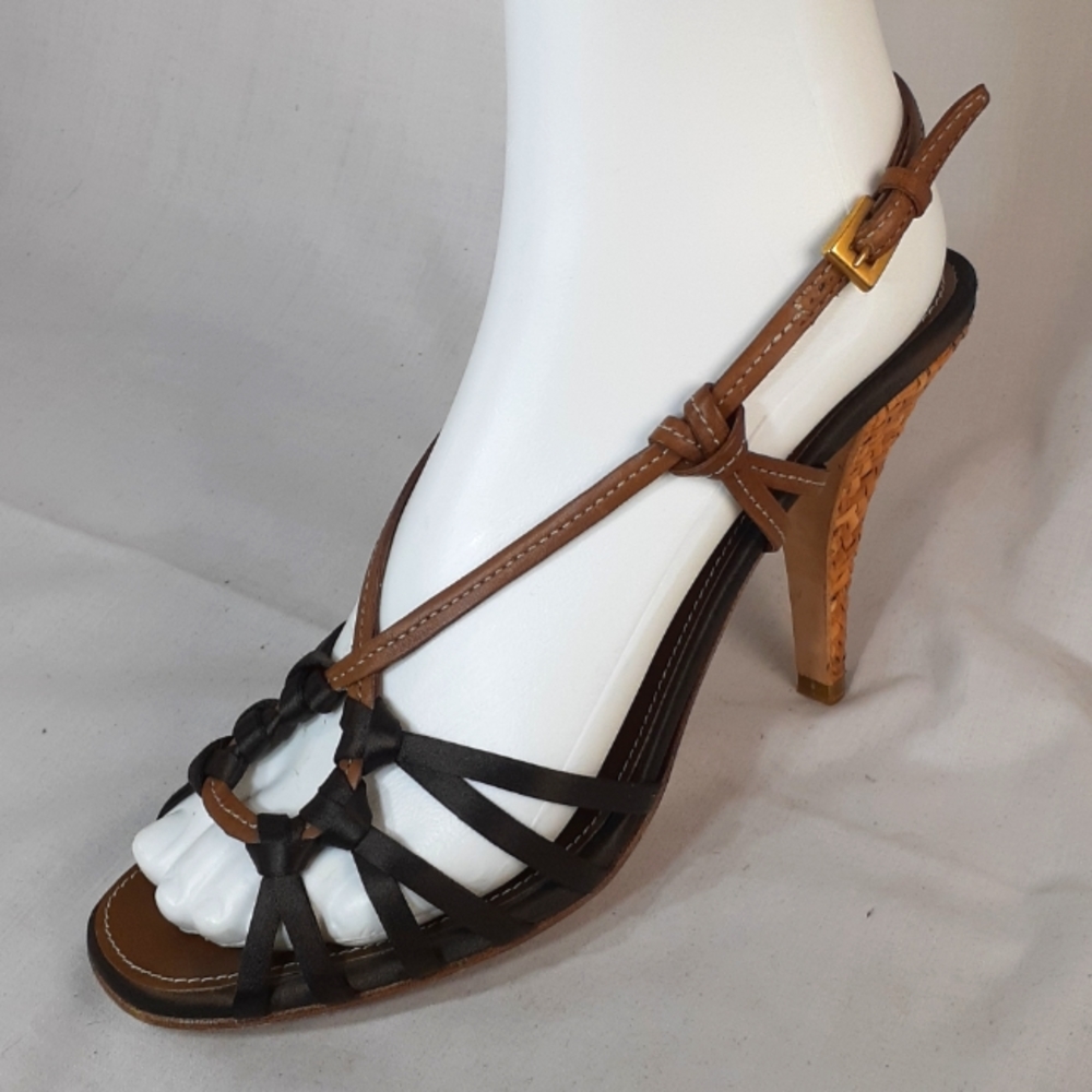 Prada heels brown leather brown satin size 37.5 size 7.5